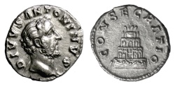 Ancient Coins - Divus Antoninus Pius. AR Denarius, struck AD 161. Funeral pyre, quadriga on top