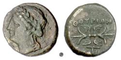 Ancient Coins - LUCANIA, Thourioi.  AE 15, circa 280-213 BC.  Apollo / Thunderbolt