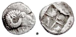 Ancient Coins - TROAS, Kebren.  AR Diobol, 5th century BC.  Ram’s head / incuse