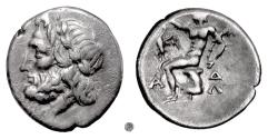 Ancient Coins - ARKADIA, Arkadian League.  AR Triobol, Megalopolis mint, circa 175-168 BC.  Zeus / Pan