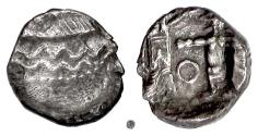 Ancient Coins - PHOENICIA, Baalshillem (Sakton) II.  AR 1/16 Shekel, circa 401-365 BC.  Galley / King battling lion