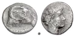 Ancient Coins - CARIA, Uncertain city.  AR Hemiobol, circa 450-400 BC.  Ram / Male head