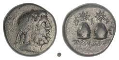 Ancient Coins - CARIA, Tabai.  AE 17 , 2nd-1st centuries BC.  Zeus / Caps of the Dioskouroi