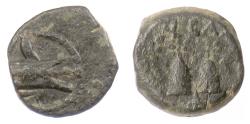 Ancient Coins - SELEUKID KINGS, Antiochos VII. AE denom D, Antioch mint. Ship's ram / Pilei. Scarce