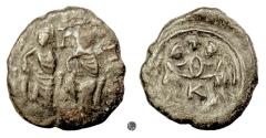 Ancient Coins - BYZANTINE, Justin II with Sophia.  AE half follis, Carthage mint struck 572-578