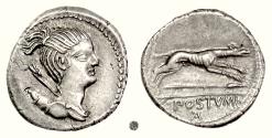 Ancient Coins - Roman Republic , C. Postumius.  AR Denarius, Rome mint, 73 BC.  Diana / Hound