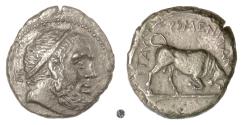 Ancient Coins - SICILY, Tauromenion.  AE 23, circa 265-212 BC.  Herakles / Butting Bull