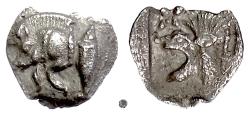 Ancient Coins - MYSIA, Kyzikos.  AR Hemiobol, circa 450-400 BC.  Boar / Lion