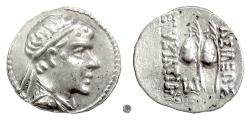 Ancient Coins - BAKTRIA, Eukratides I.  AR obol, circa 171-145 BC.  Caps of the Dioscuri