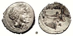 Ancient Coins - Roman Republic, Mn. Fonteius.  AR Denarius, Rome mint, 108-7 BC.  The Dioscuri / Galley