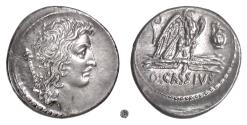 Ancient Coins - Roman Republic, Q. Cassius Longinus.  AR Denarius, Rome mint, 55 BC.  Male head / Eagle