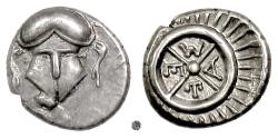 Ancient Coins - THRACE, Mesambria.  AR Diobol, 4th century BC.  Facing helmet / META