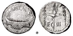 Ancient Coins - Roman, The Triumvirs. MARK ANTONY.  Legionary type, 32-31 BC.  Galley / Aquila