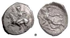 Ancient Coins - SICILY, Himera.  AR Hemidrachm, circa 425-409 BC.  Pan riding goat / Nike