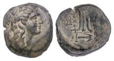 Ancient Coins - SELEUKID KINGS, Antiochos II. AE denom B, Antioch mint, 261-246 BC. Apollo / Tripod