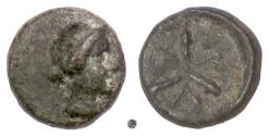 Ancient Coins - BITHYNIA, Heraclea Pontica.  AE  9, 3rd c. BC?  Female head / triskeles of clubs.  Rare