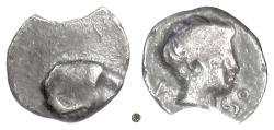 Ancient Coins - CARIA, Uncertain city.  AR Hemiobol, circa 450-400 BC  Ram head / Male head