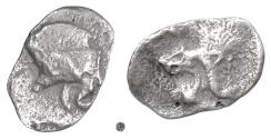 Ancient Coins - MYSIA, Kyzikos.  AR hemiobol, circa 450-400 BC.  Boar / Lion
