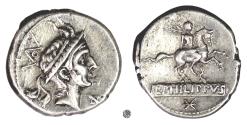 Ancient Coins - Roman Republic, L. Philippus.  AR Denarius, Rome mint, 113-112 BC.  Philip V of Macedon / Equestrian statue