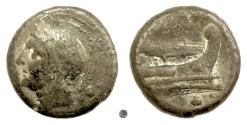 Ancient Coins - Roman Republic.  AE  Uncia, Rome mint, circa 217-215 BC.  Head of Roma / Galley