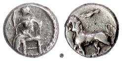 Ancient Coins - PERSIA, Alexandrine Empire, Babylon.  AR hemiobol, circa 328-311 BC.  Baal / Lion