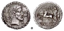 Ancient Coins - Roman Republic, T. Vettius Sabinus.  AR serrate denarius, Rome mint, 66 BC
