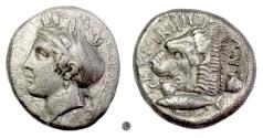 Ancient Coins - MYSIA, Kyzikos.  AR Tetradrachm, circa 410-390 BC.  Kore / Lion