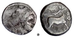 Ancient Coins - Campania, NEAPOLIS.  AR Didrachm, circa 300 BC.  Head of Nymph / Man-headed bull