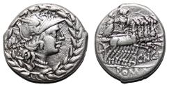 Ancient Coins - Cnaeus Gellius AR Denarius. EF-. 138 BC. Rome in wreath.