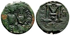 Ancient Coins - JUSTIN II AE Follis. VF+/EF-. Empress Sophia in obverse. Nicomedia mint.