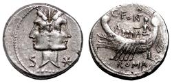 Ancient Coins - Mn. Fonteius AR Denarius. EF-. Dioscuri - Galley.