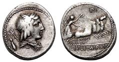 Ancient Coins - L. Julius Bursio AR Denarius. VF+. Rome mint, 85 BC. Quadriga.