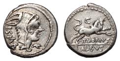 Ancient Coins - L. Thorius Balbus AR Denarius. EF-/VF+. 105 BC. Bull - C in reverse.