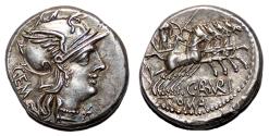 Ancient Coins - C. Aburius Geminus AR Denarius. EF+. 134 BC. Quadriga.