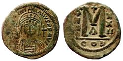 Ancient Coins - JUSTINIAN I AE Follis. VF+/EF-. Constantinople mint. Year 22.