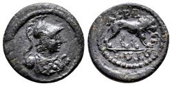 Ancient Coins - AKRASOS (Lydia) AE15. Pseudo-autonomous issue. VF+. AD 193-211. Lion.