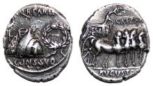 Ancient Coins - AUGUSTUS AR Denarius. VF+/EF-. Colonia Patricia mint. The Recovery of the Standards.