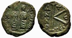 Ancient Coins - JUSTIN II and SOPHIA AE Half-Follis. VF+/EF-. Thessalonica. Year 5.
