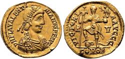 Ancient Coins - VALENTINIAN III AU Solidus. Almost EF. Ravenna mint. Emperor standing.