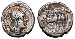 Ancient Coins - M. Vargunteius AR Denarius. VF+/EF-. 130 BC. Rome. Quadriga.
