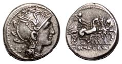 Ancient Coins - T. Manlius Mancinus, Appius Claudius Pulcher and Q. Urbinius AR Denarius. EF/EF-. Triga.