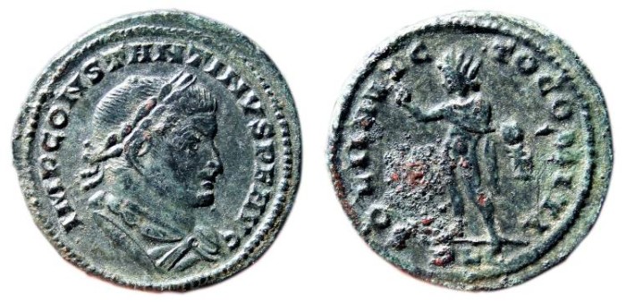 Ancient Coins - CONSTANTINE I Æ Follis. Lugdunum mint. SOLI INVICTO COMITI. Unusual portrait of Constantinus.