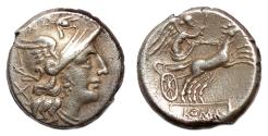 Ancient Coins - ANONYMOUS REPUBLICAN AR Denarius. VF+/EF-. 157-156 BC. Biga.