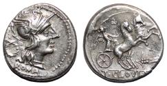 Ancient Coins - T. Cloulius AR Denarius. EF-. 128 BC. Victory in biga.