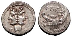 Ancient Coins - Mn. Fonteius AR Denarius. EF/Almost EF. Dioscuri - Galley.