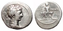 Ancient Coins - AUGUSTUS (as OCTAVIAN) AR Denarius. VF+/VF. IMP CAESAR - Octavian seatd in curule chair.