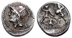 Ancient Coins - Q. Thermius M.f. AR Denarius. EF-. Rome, 103 BC. Warriors.