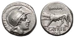 Ancient Coins - P. Satrienus AR Denarius. EF-/EF. 77 BC. She-Wolf.