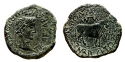 Ancient Coins - TIBERIUS AE As. VF+. M. Pont. Marsus and C. Mari. Vegetus Duoviri. Bull in reverse.