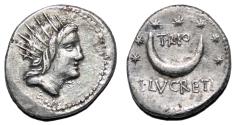 Ancient Coins - L. Lucretius Trio AR Denarius. EF-/EF. Rome mint, 74 BC. Crescent.
